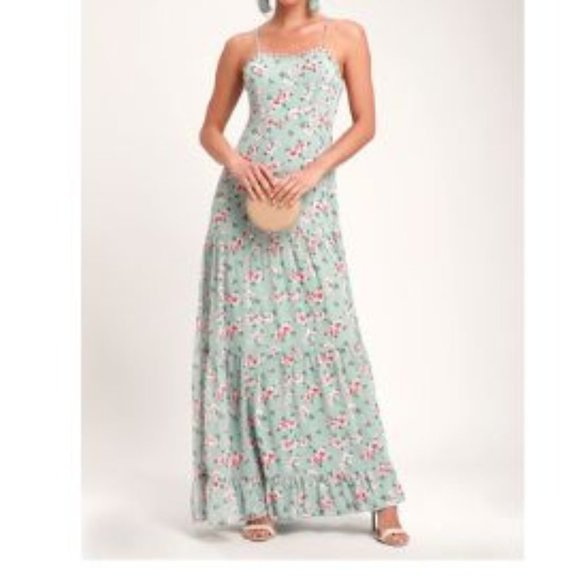 Lulus Dresses & Skirts - Lulus Melissa Light Sage Green Floral Print Tiered Maxi Dress size medium